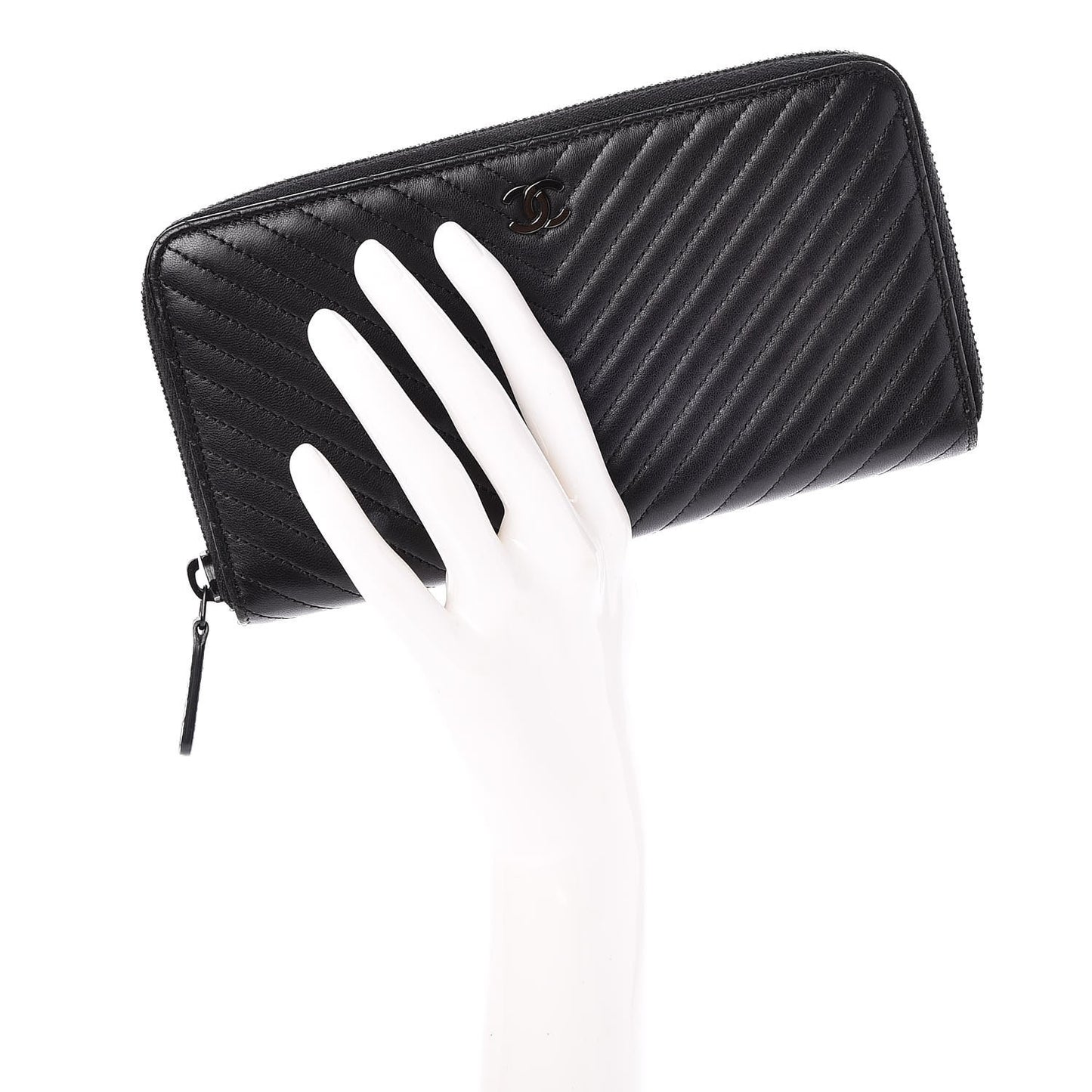 Lambskin Chevron Quilted Zip Around Wallet So Black