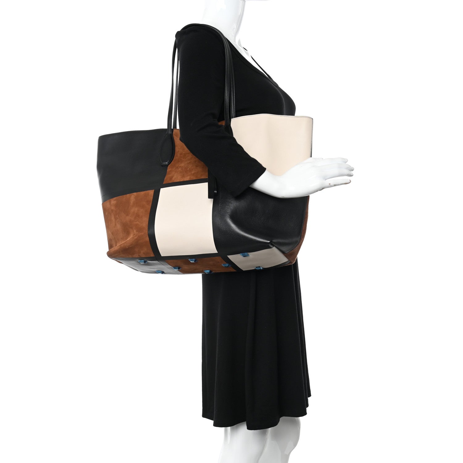 Salvatore Ferragamo Calfskin Suede Patchwork Studio Tote Black White Brown 2 of 9