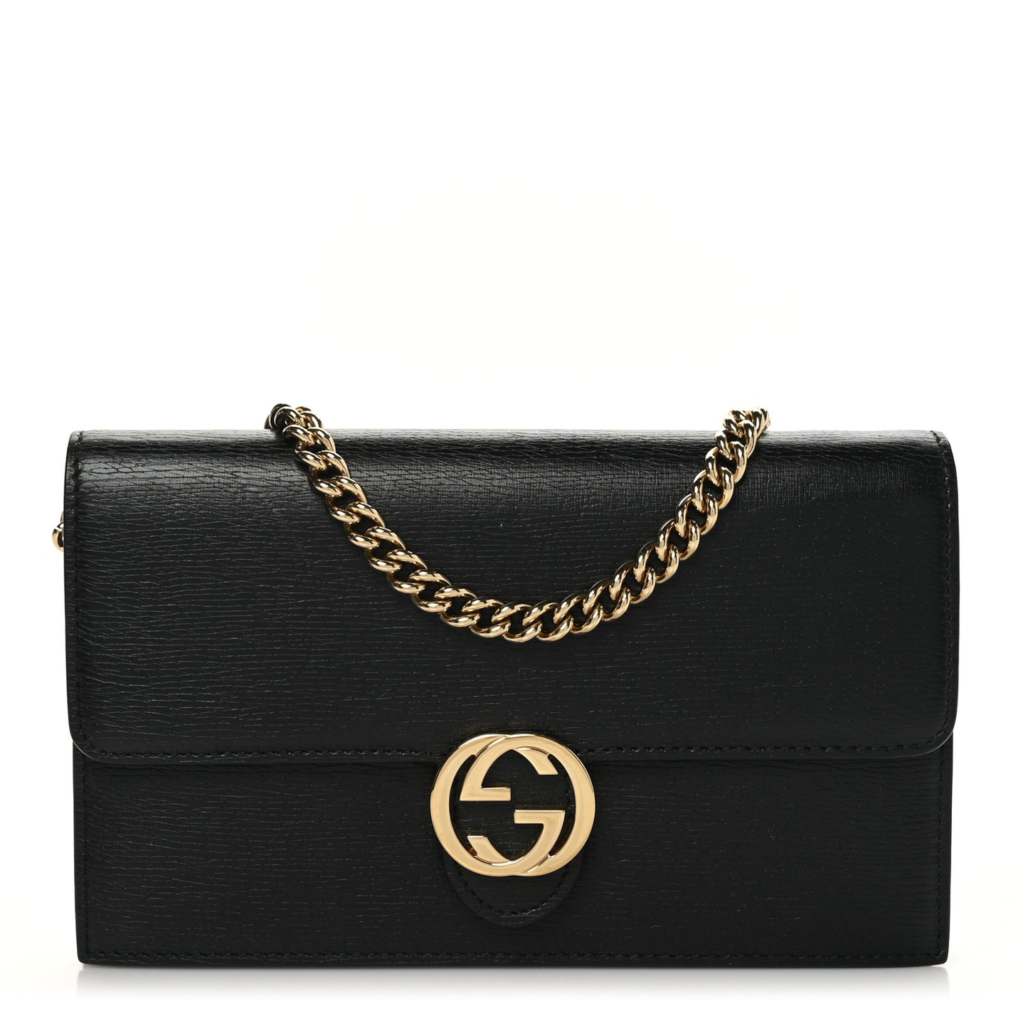 Textured Calfskin Icon Chain Wallet Black