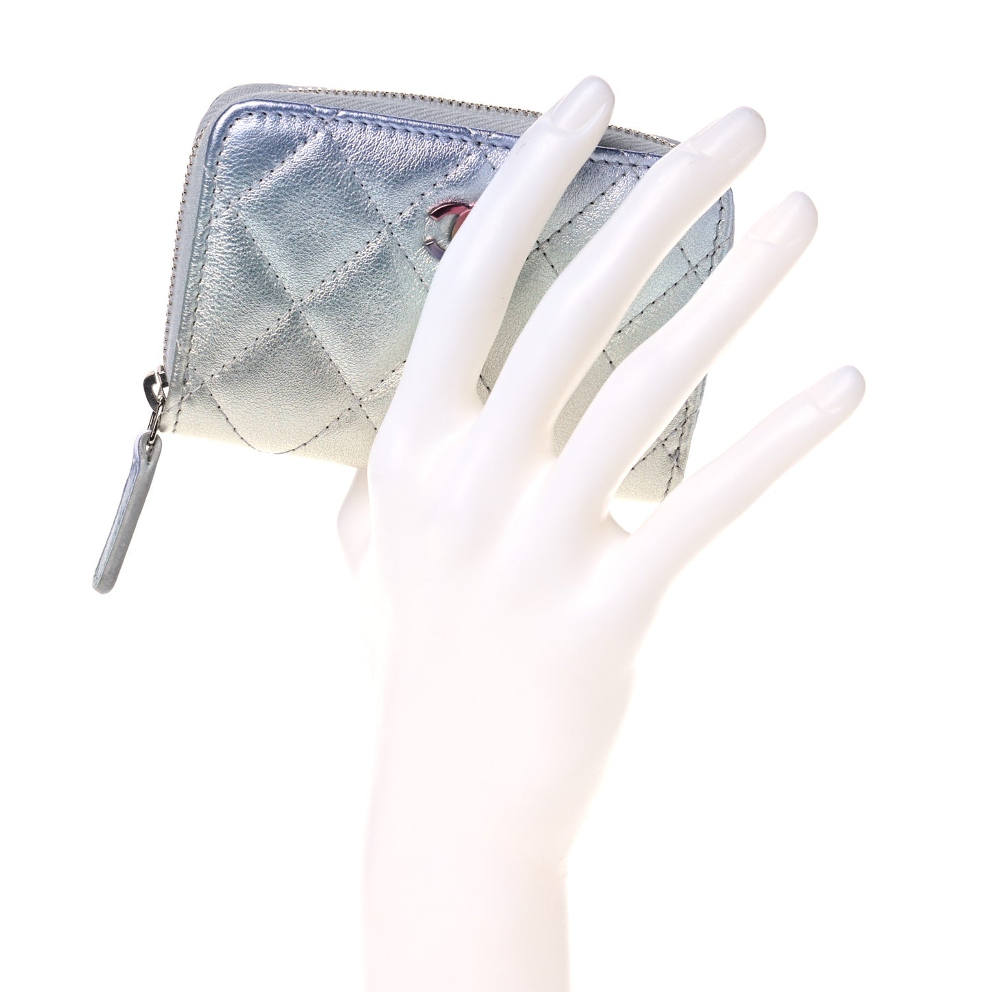 Gradient Metallic Calfskin Quilted Zip Around Coin Purse Wallet Silver Blue Yellow Purple