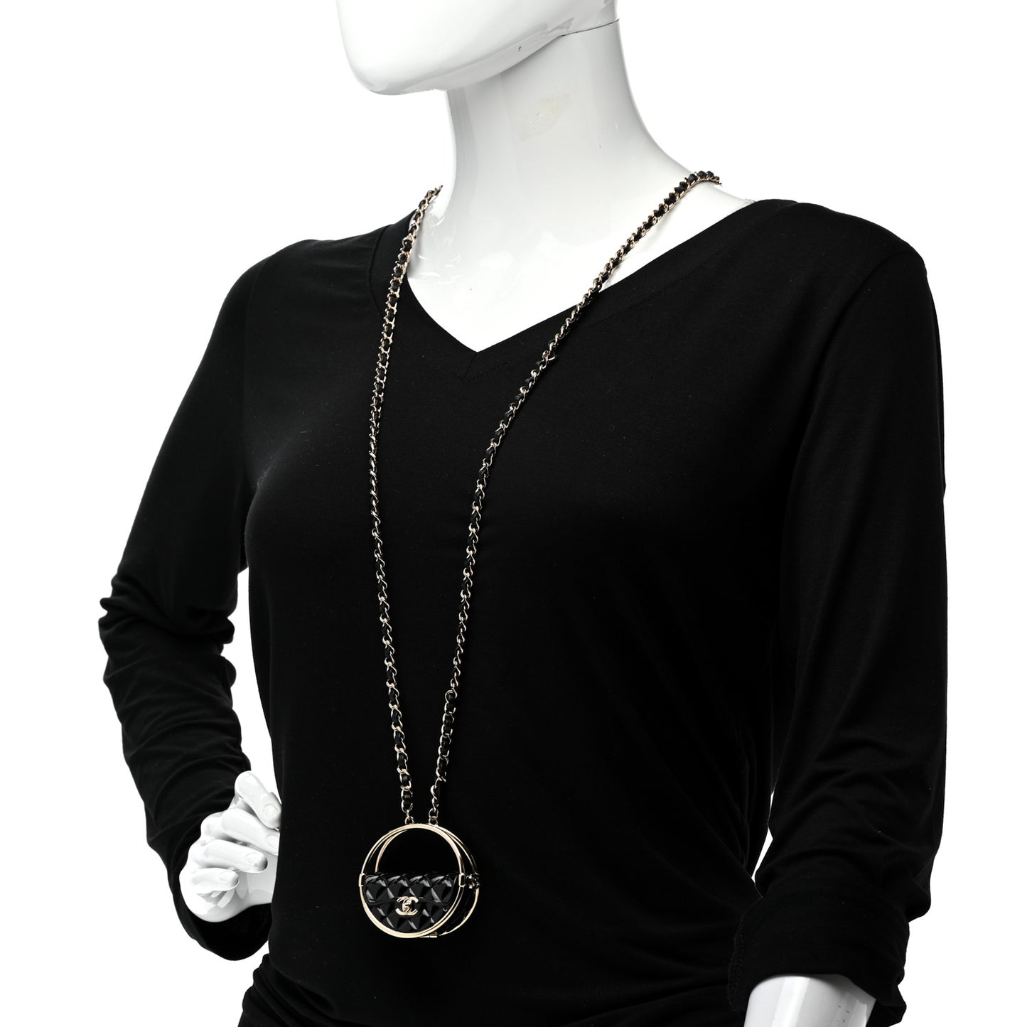 Metal Resin Quilted Flap Bag Hoop Mirror Necklace Black Gold