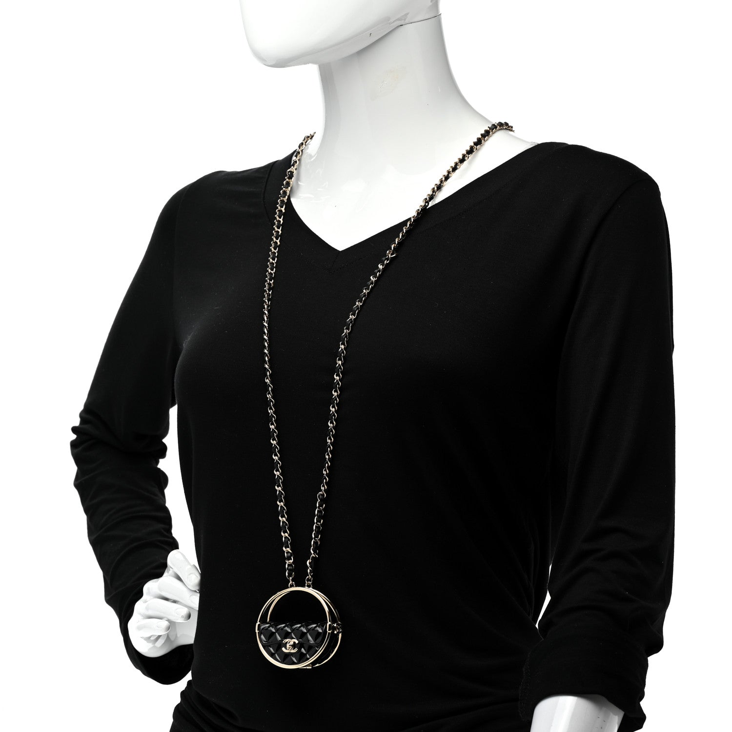 Chanel Metal Resin Quilted Flap Bag Hoop Mirror Necklace Black Gold 2 of 7