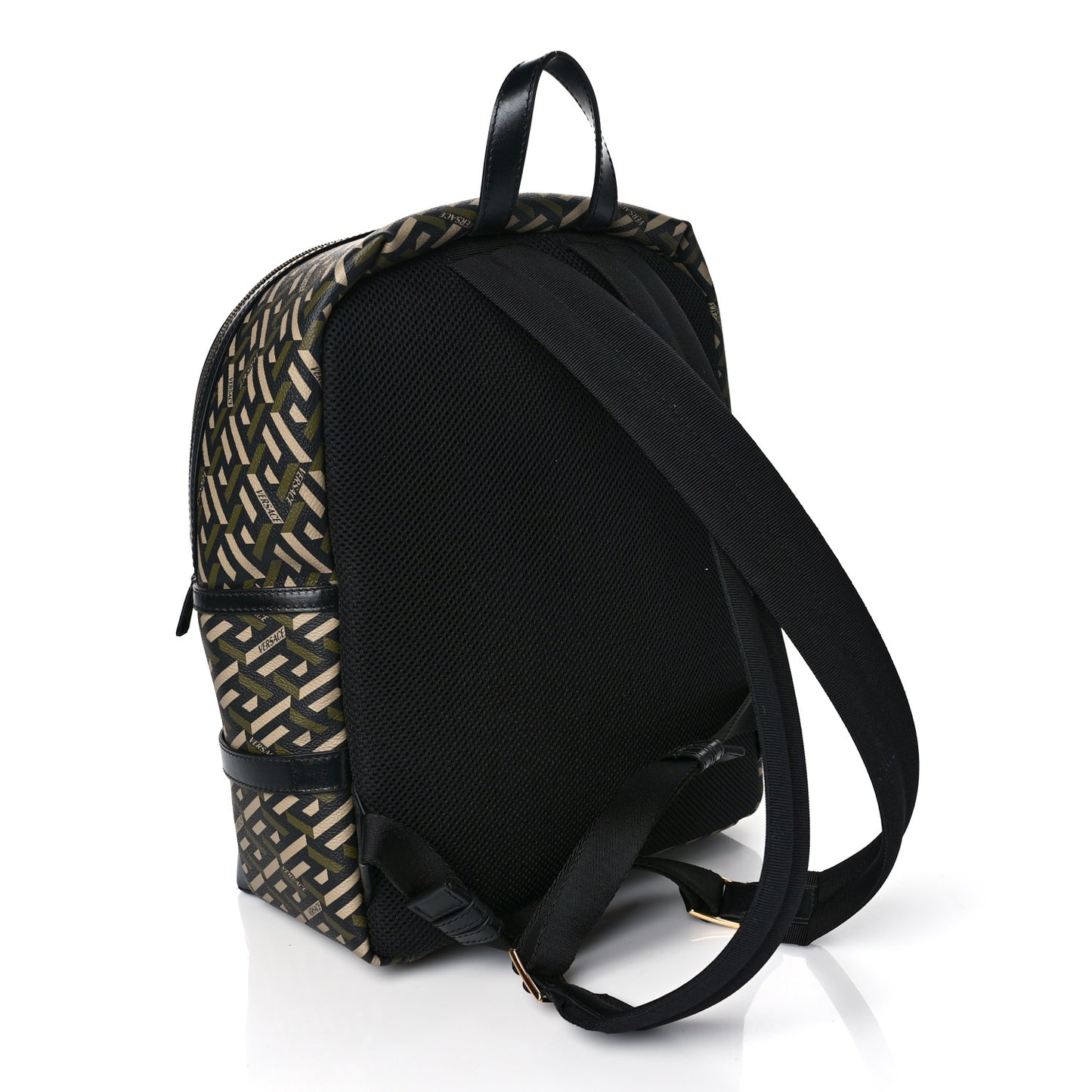 Coated Canvas Calfskin La Greca Signature Backpack Black Khaki