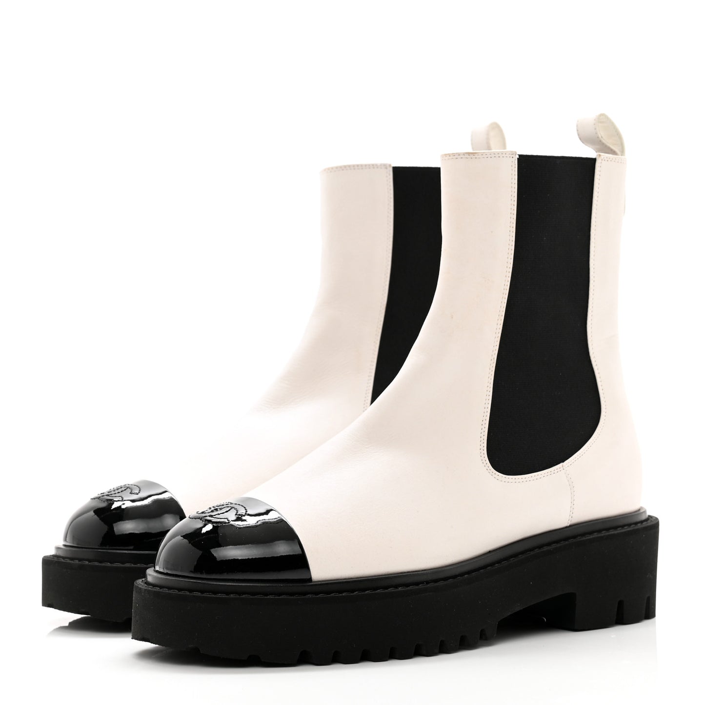 Patent Calfskin Cap Toe CC Ankle Boots 39 White Black