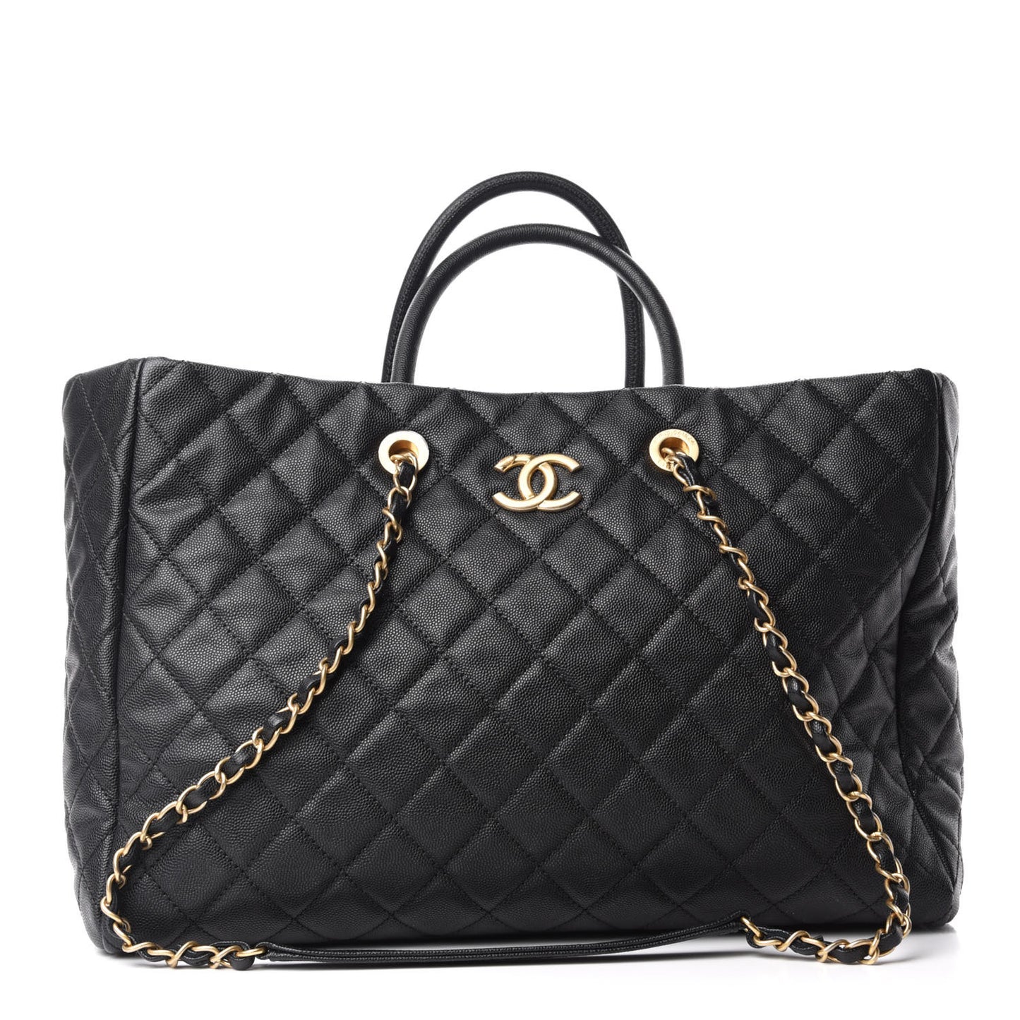 Caviar Quilted Large Coco Handle Shopping Tote Black