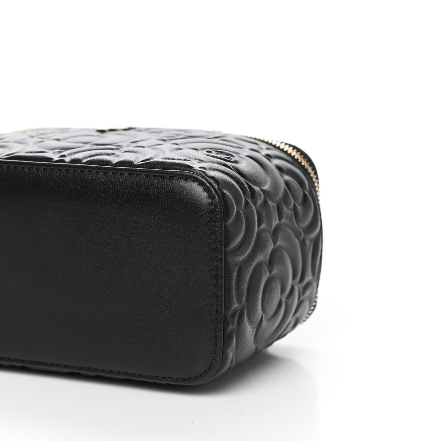 Goatskin Camellia Embossed Quilted Small Vanity Case With Chain Black