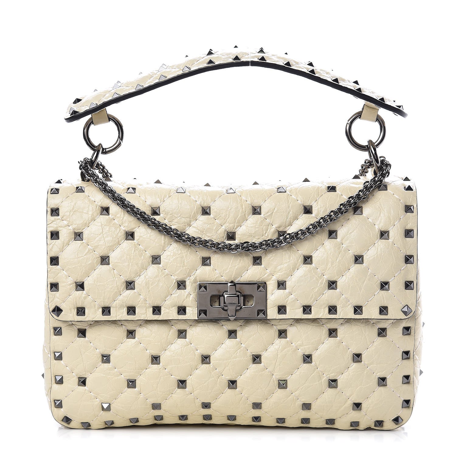 Valentino Garavani Craquele Nappa Medium Rockstud Spike Shoulder Bag Light Ivory 1 of 11