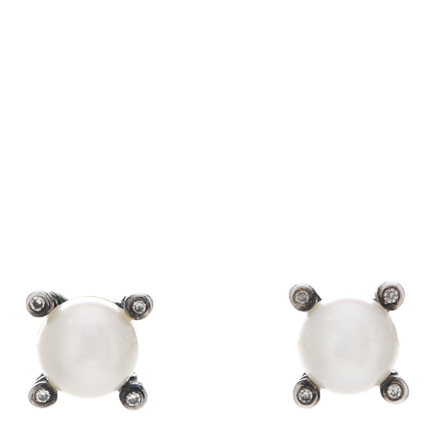 David Yurman Sterling Silver Diamond Pearl 7mm Earrings 1 of 5