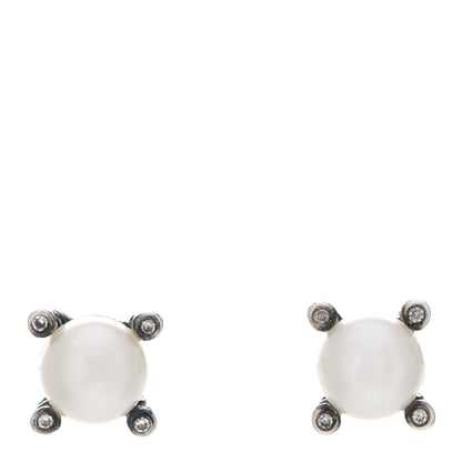David Yurman Sterling Silver Diamond Pearl 7mm Earrings 1 of 5