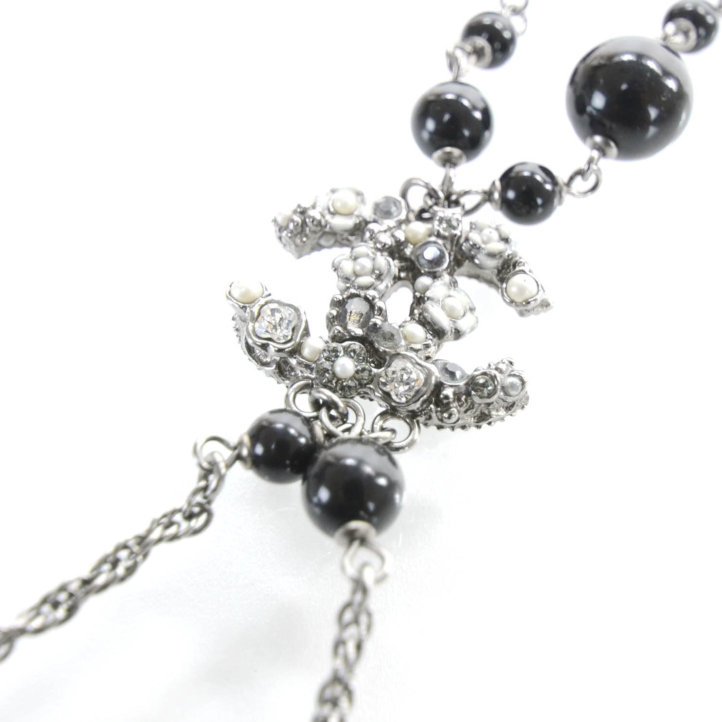 Beaded Camellia Crystal Pearl CC Necklace Black