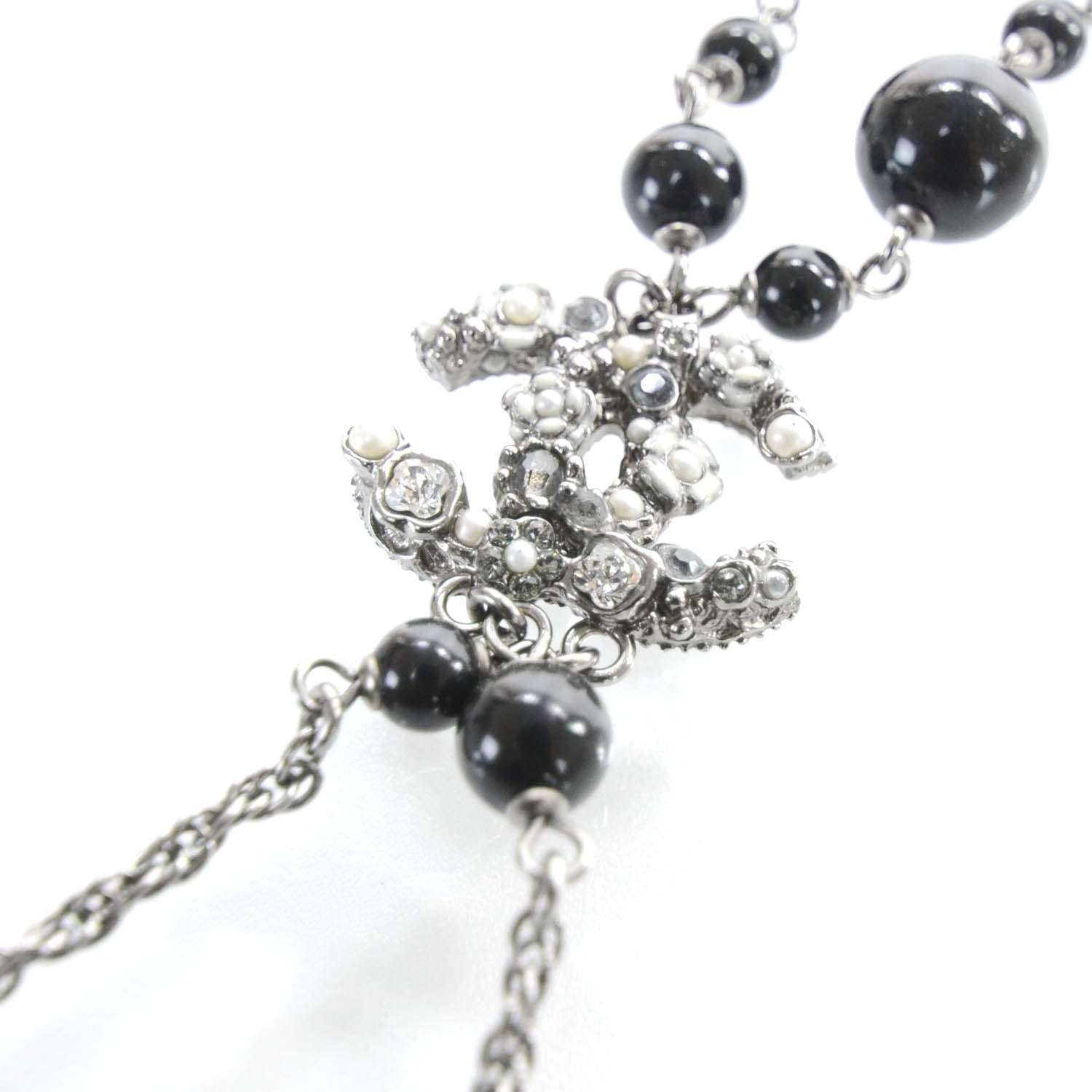 Chanel Beaded Camellia Crystal Pearl CC Necklace Black 4 of 6