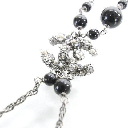 Chanel Beaded Camellia Crystal Pearl CC Necklace Black 4 of 6