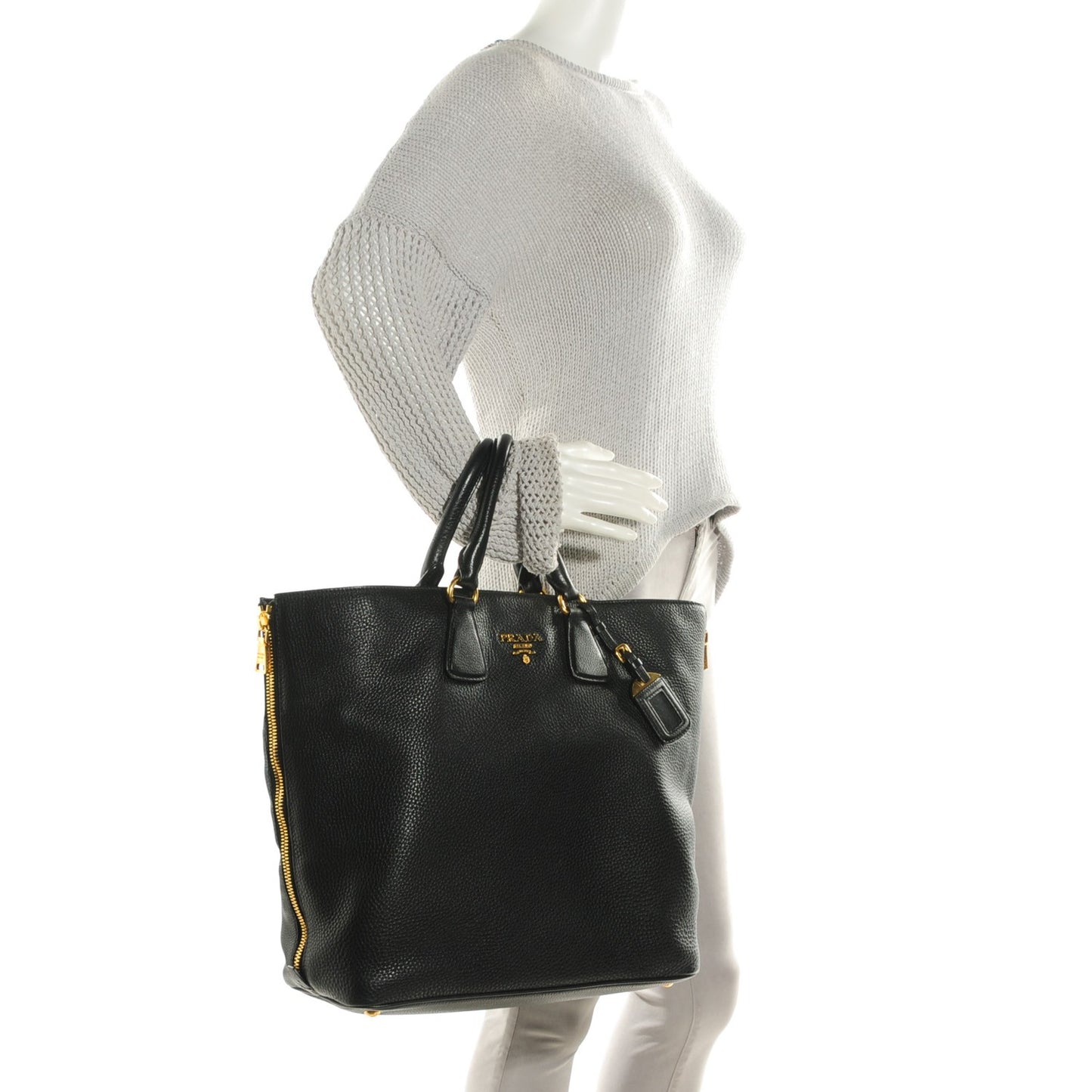 Vitello Daino Side Zip Shopping Tote Nero Black