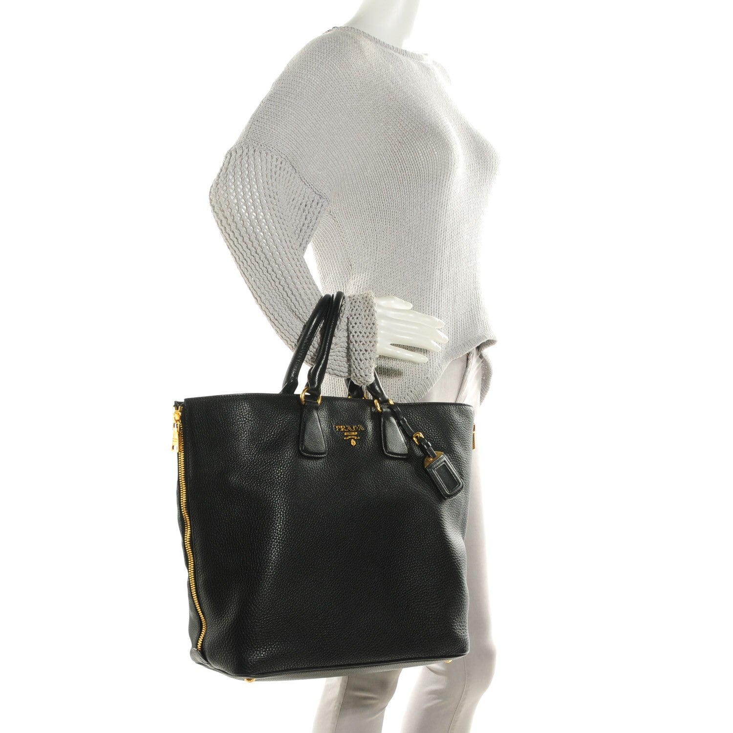 Prada Vitello Daino Side Zip Shopping Tote Nero Black 3 of 10