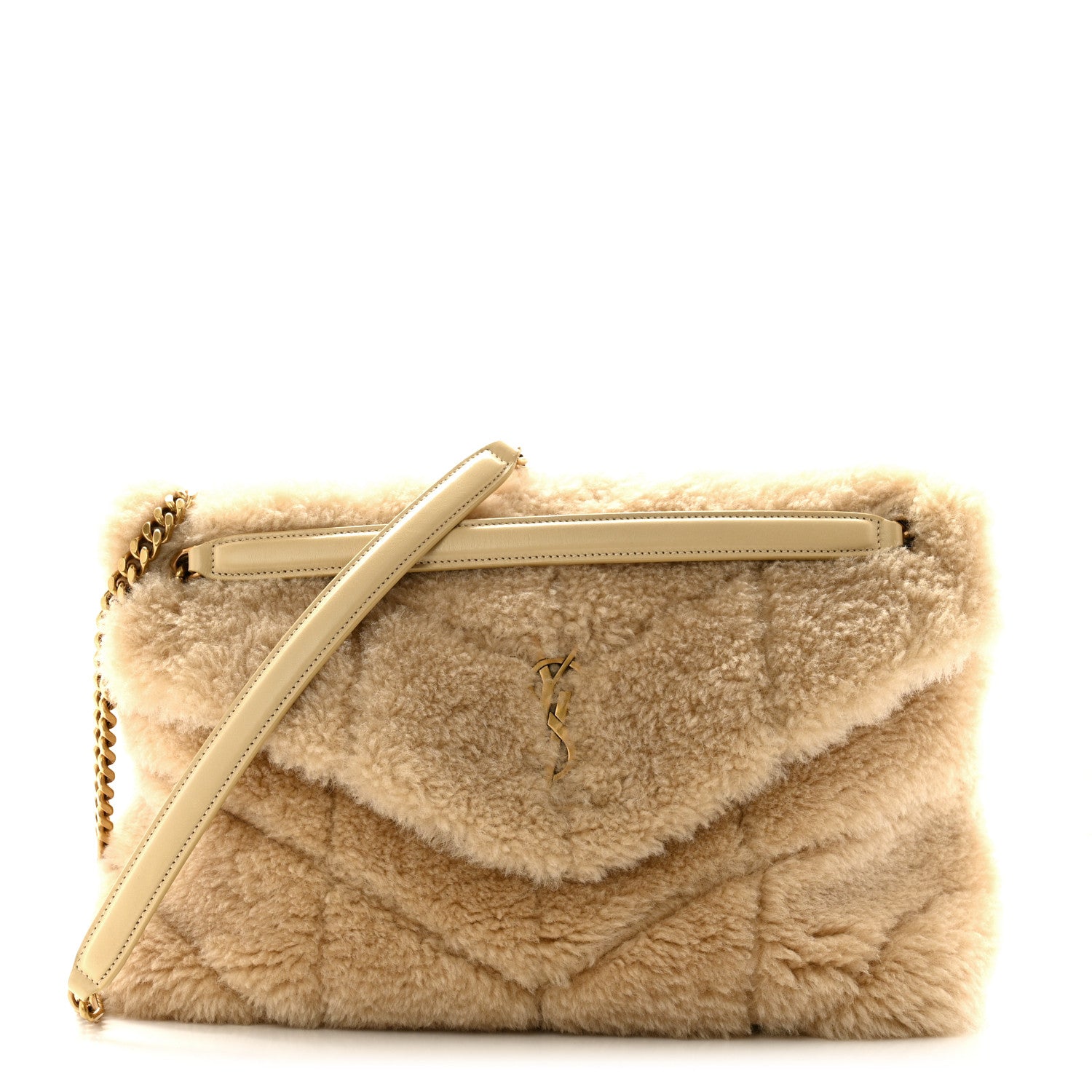 Saint Laurent Shearling Quilted Small Loulou Monogram Chain Satchel Natural Beige 1 of 11