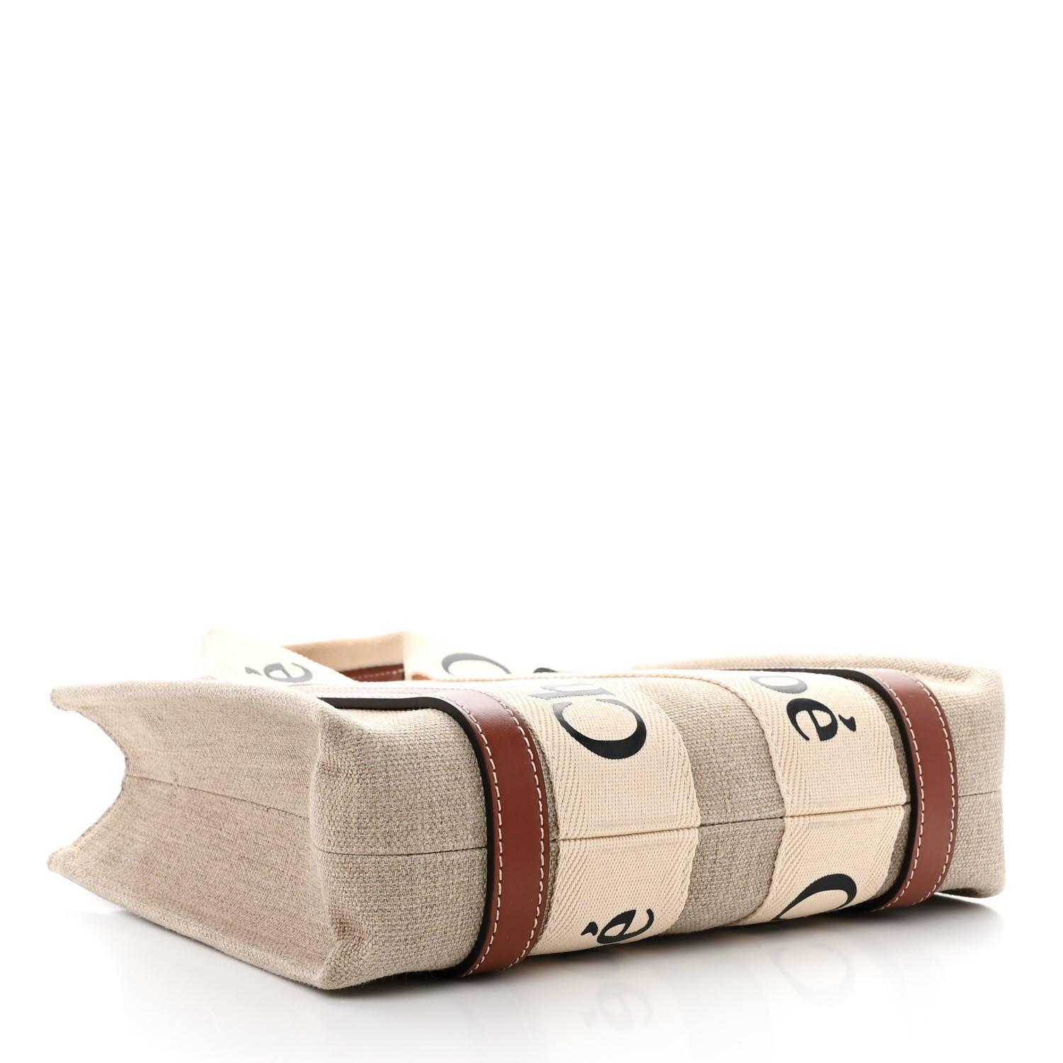 Chloe Linen Calfskin Small Woody Ribbon Tote With Strap White Brown 4 of 14