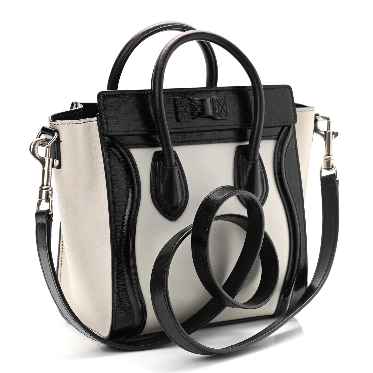 Celine Smooth Calfskin Lizard Embossed Nano Luggage White Black 3 of 12
