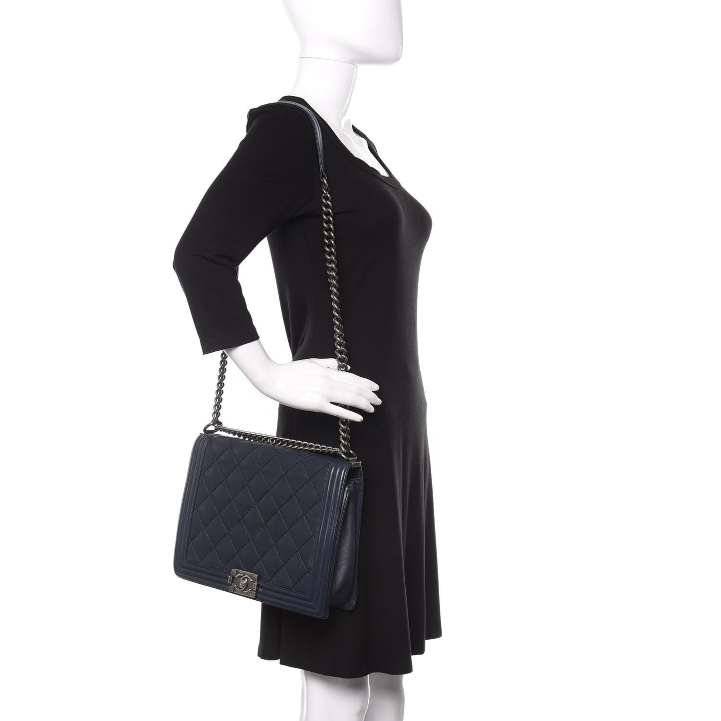 Calfskin Double Stitch Large Boy Flap Navy Blue