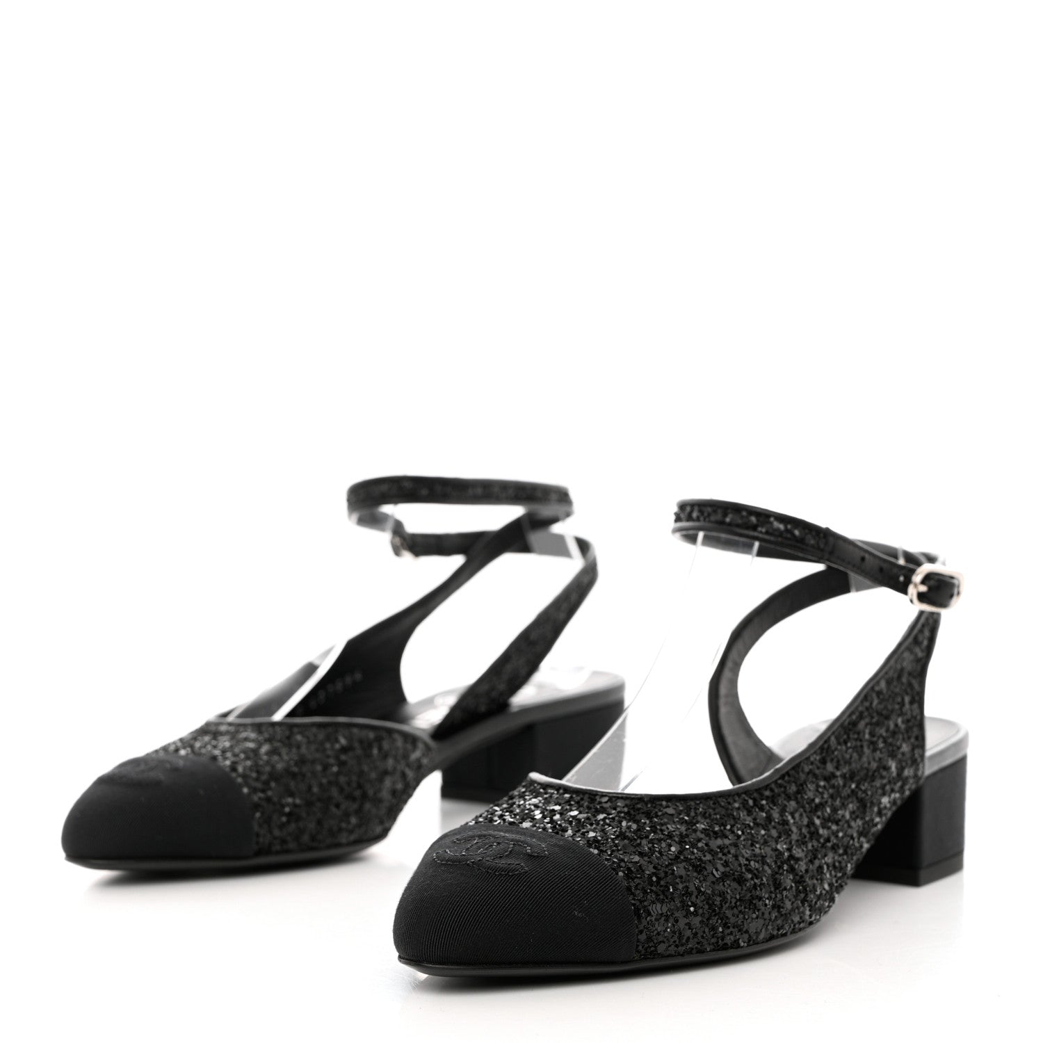 Chanel Glitter Grosgrain Cap Toe CC Ankle Wrap Pumps 38 Black 3 of 9