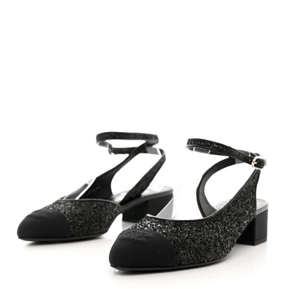 Chanel Glitter Grosgrain Cap Toe CC Ankle Wrap Pumps 38 Black 3 of 9