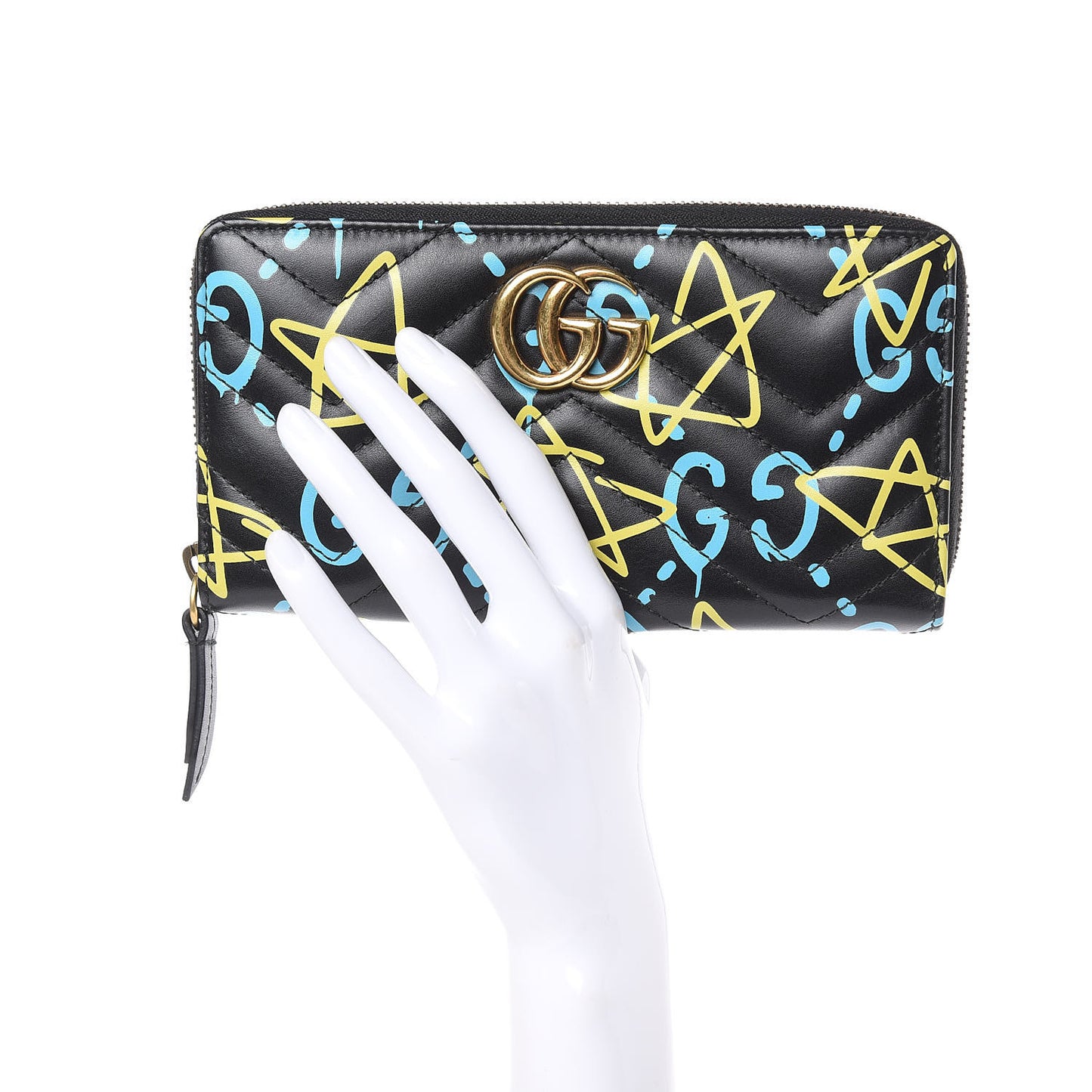 Calfskin Matelasse GucciGhost GG Marmont Zip Around Wallet Black New Acquamarine