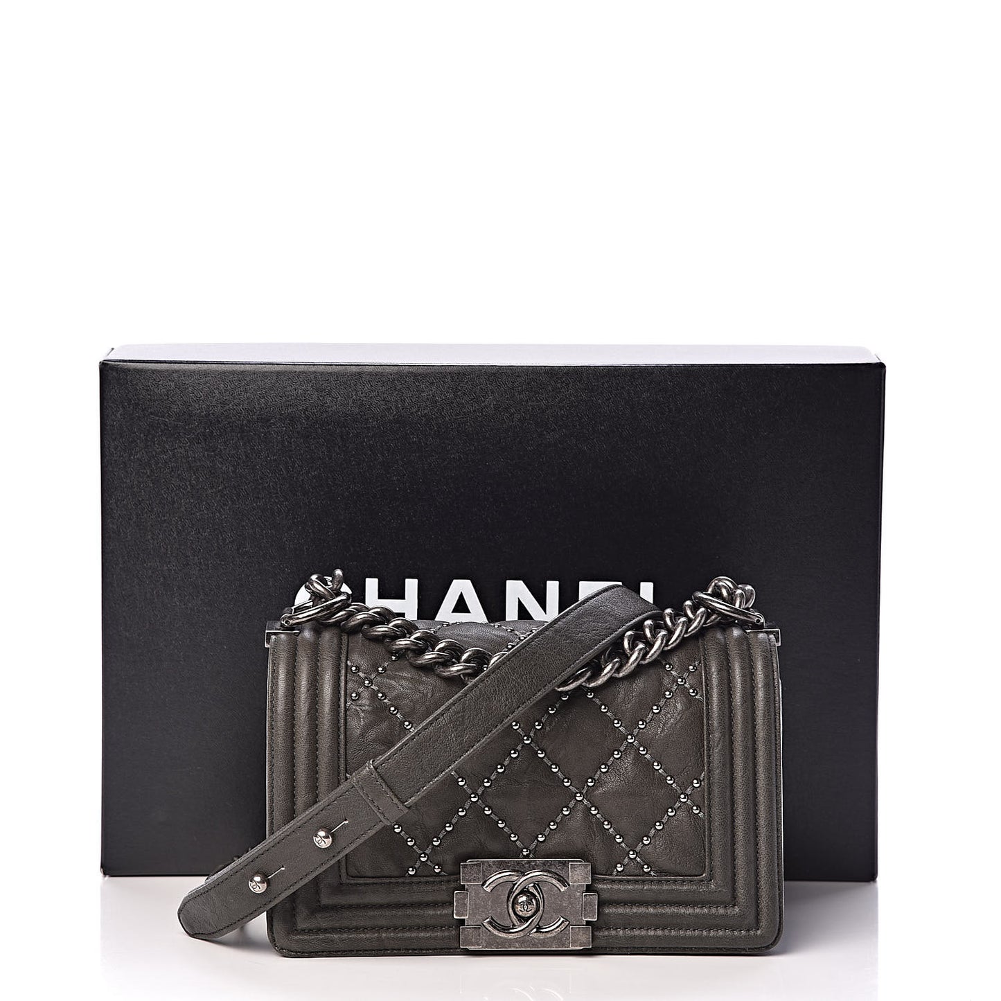 Crumpled Lambskin Small Studded Boy Flap Dark Gray