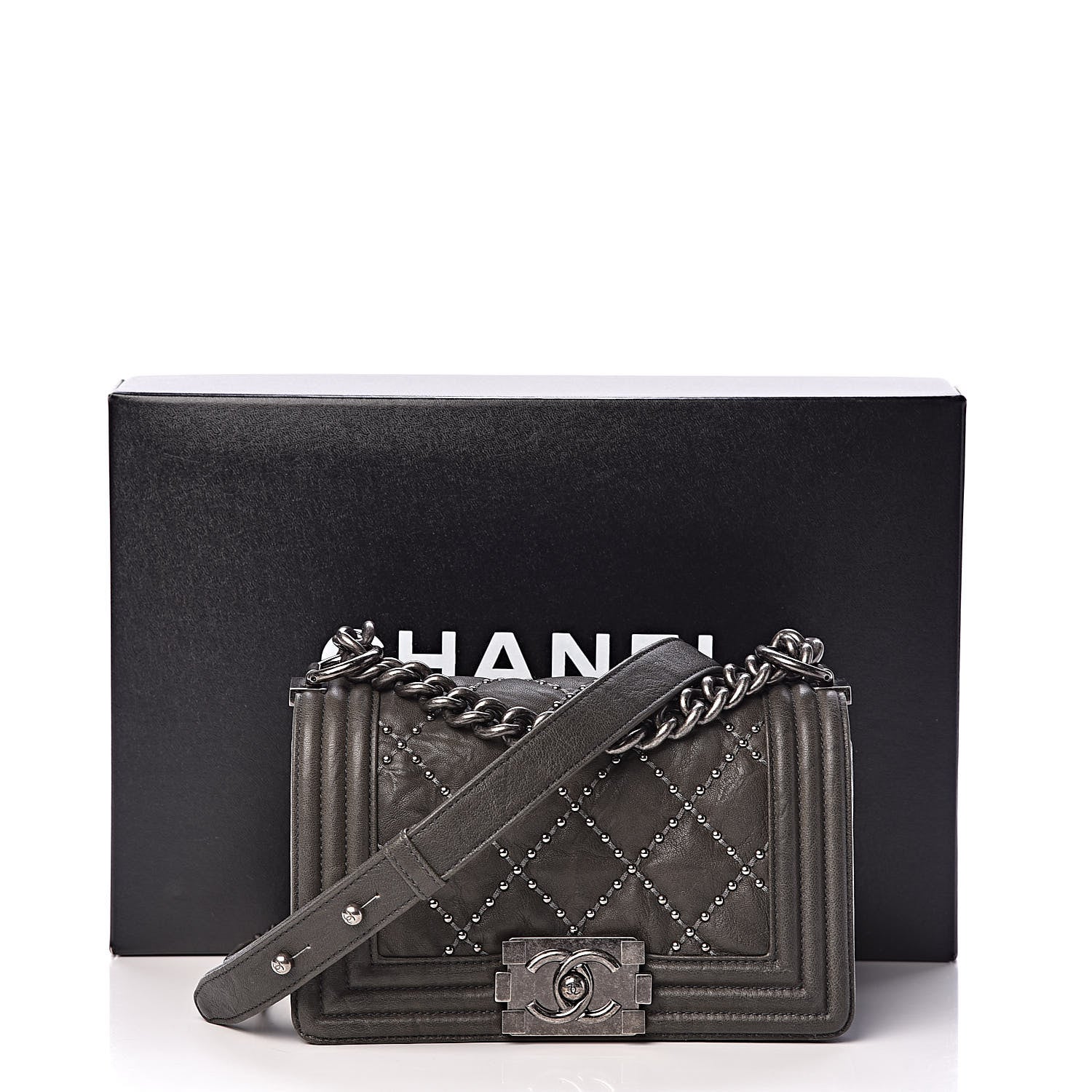 Chanel Crumpled Lambskin Small Studded Boy Flap Dark Gray 11 of 11