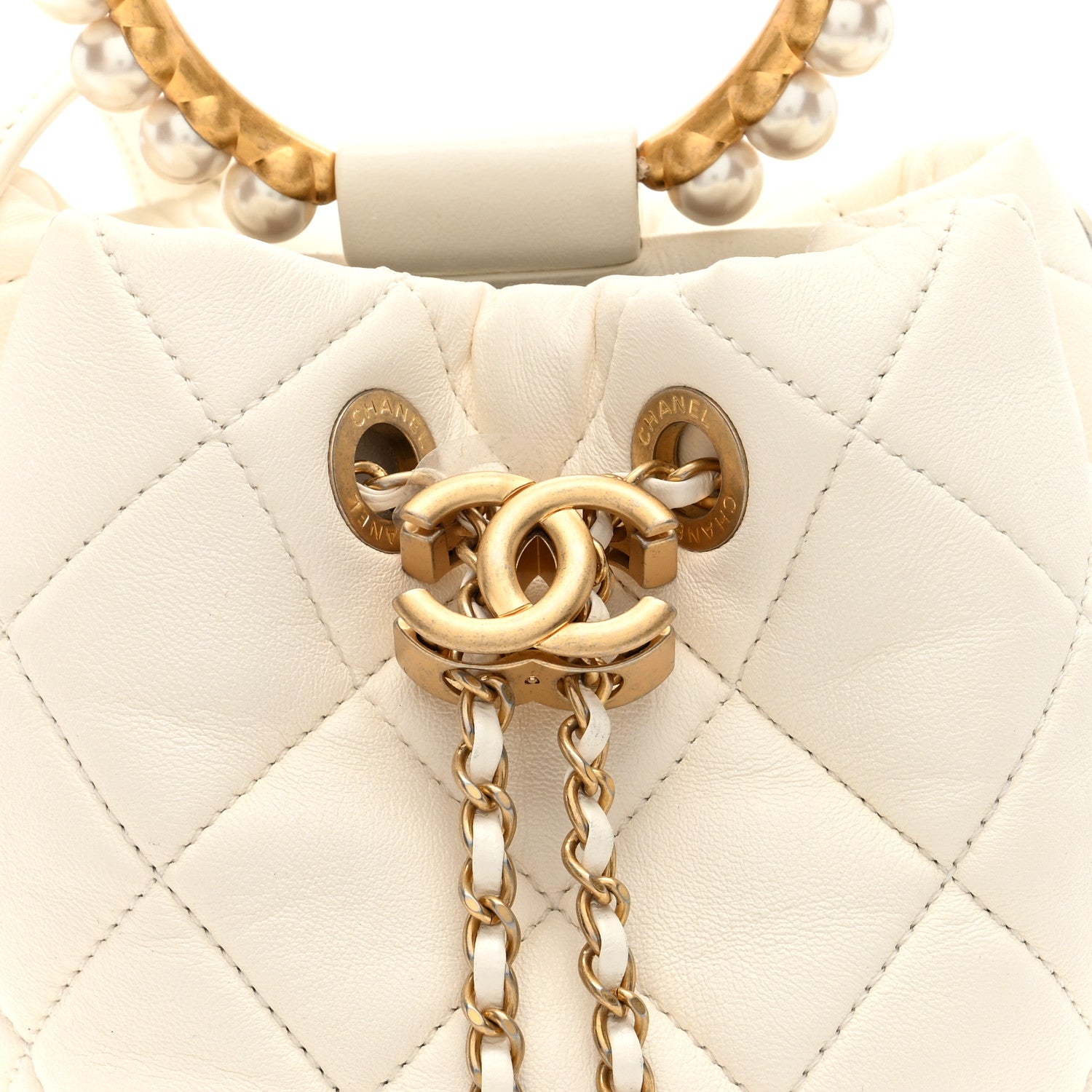 Chanel Lambskin Quilted Pearl Crown Drawstring Bag White 1641946
