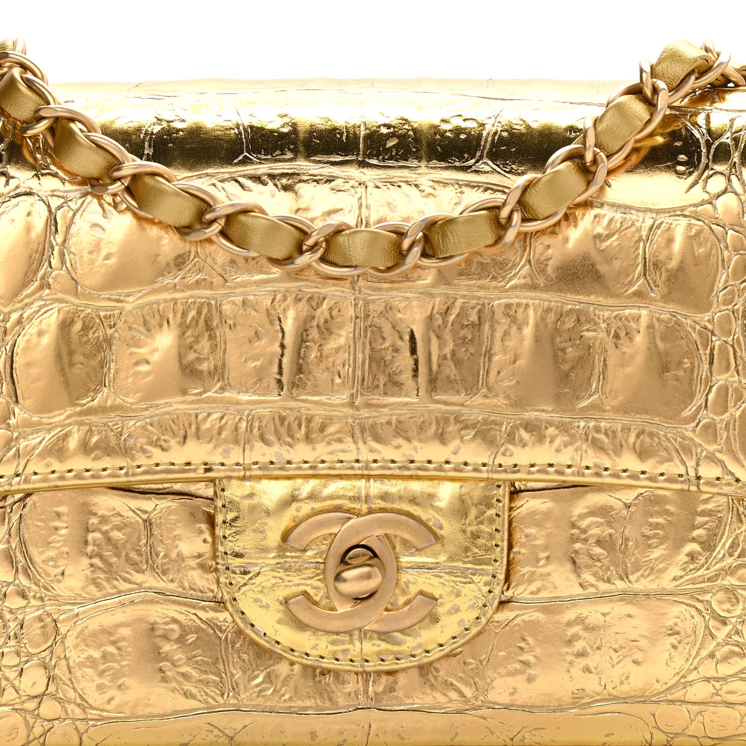 Chanel Metallic Calfskin Crocodile Embossed Cocodile Rectangular Mini Flap Gold 8 of 10