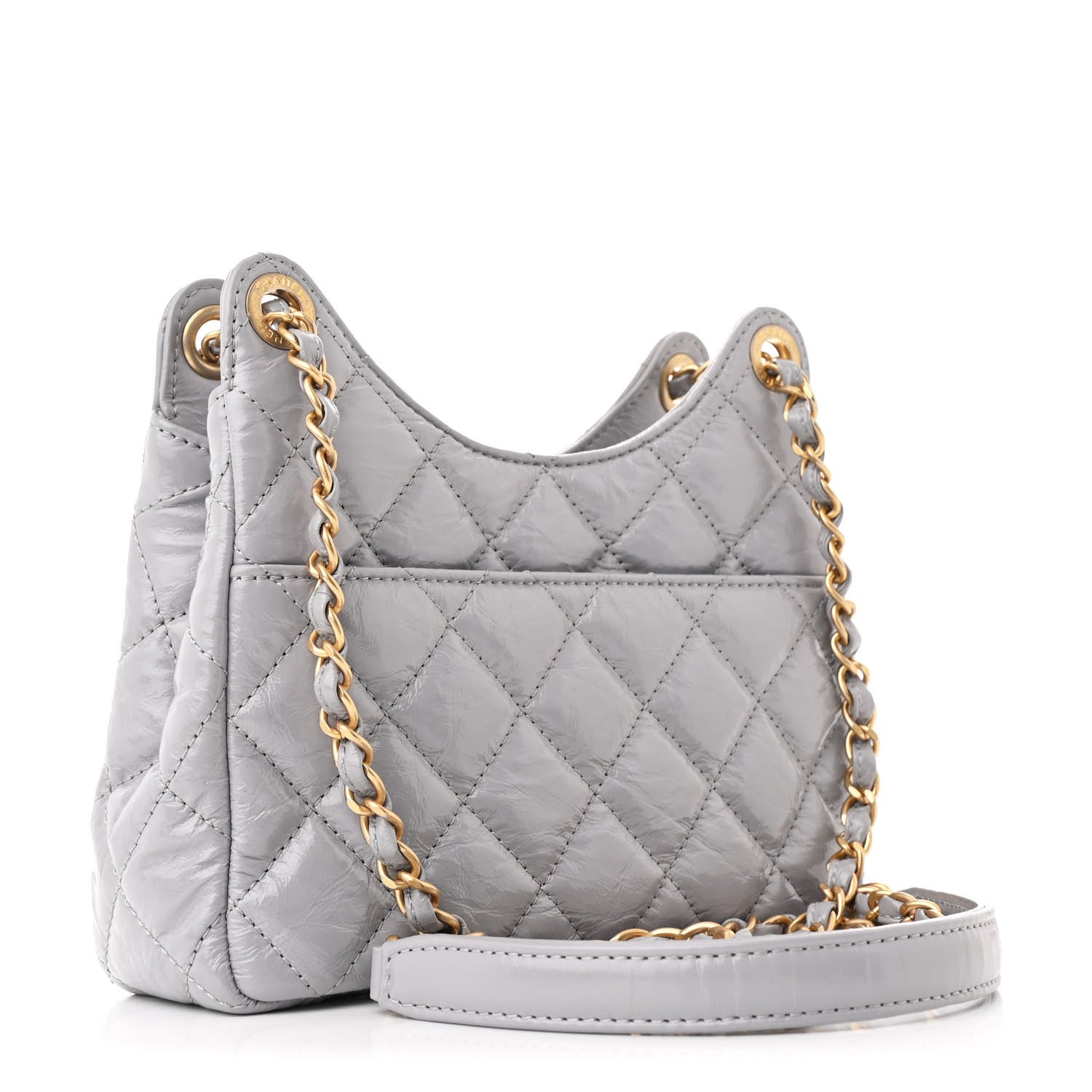 Chanel Shiny Crumpled Calfskin Quilted Small Wavy CC Hobo Grey