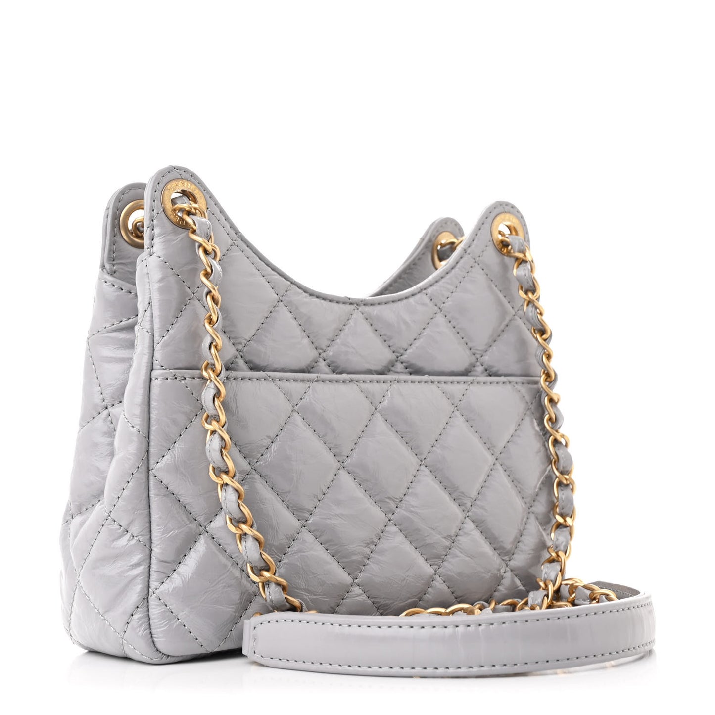Shiny Crumpled Calfskin Quilted Small Wavy CC Hobo Grey