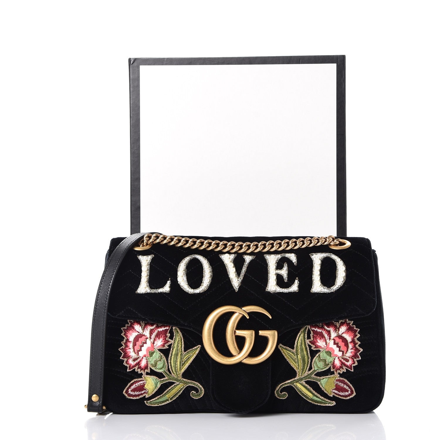 Gucci Velvet Matelasse Loved Embroidered Medium GG Marmont Shoulder Bag Black 9 of 9