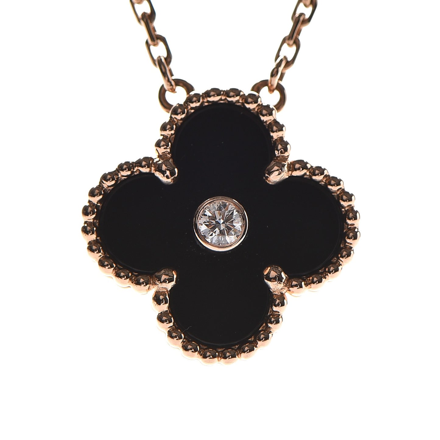 18K Rose Gold Diamond Black Onyx Vintage Alhambra Pendant Necklace