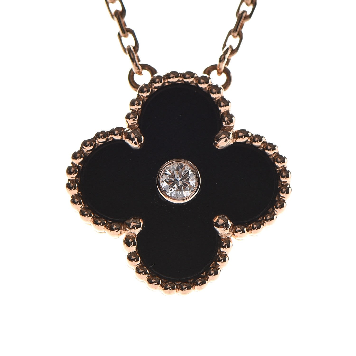 Van Cleef & Arpels 18K Rose Gold Diamond Black Onyx Vintage Alhambra Pendant Necklace 4 of 8