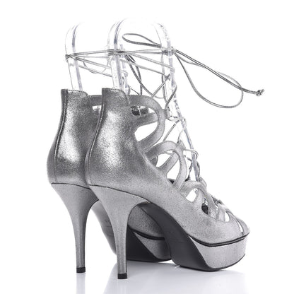 Saint Laurent Metallic Suede Tribute Sixteen 75 Lace Up Platform Sandals 38 Acciaio 4 of 10