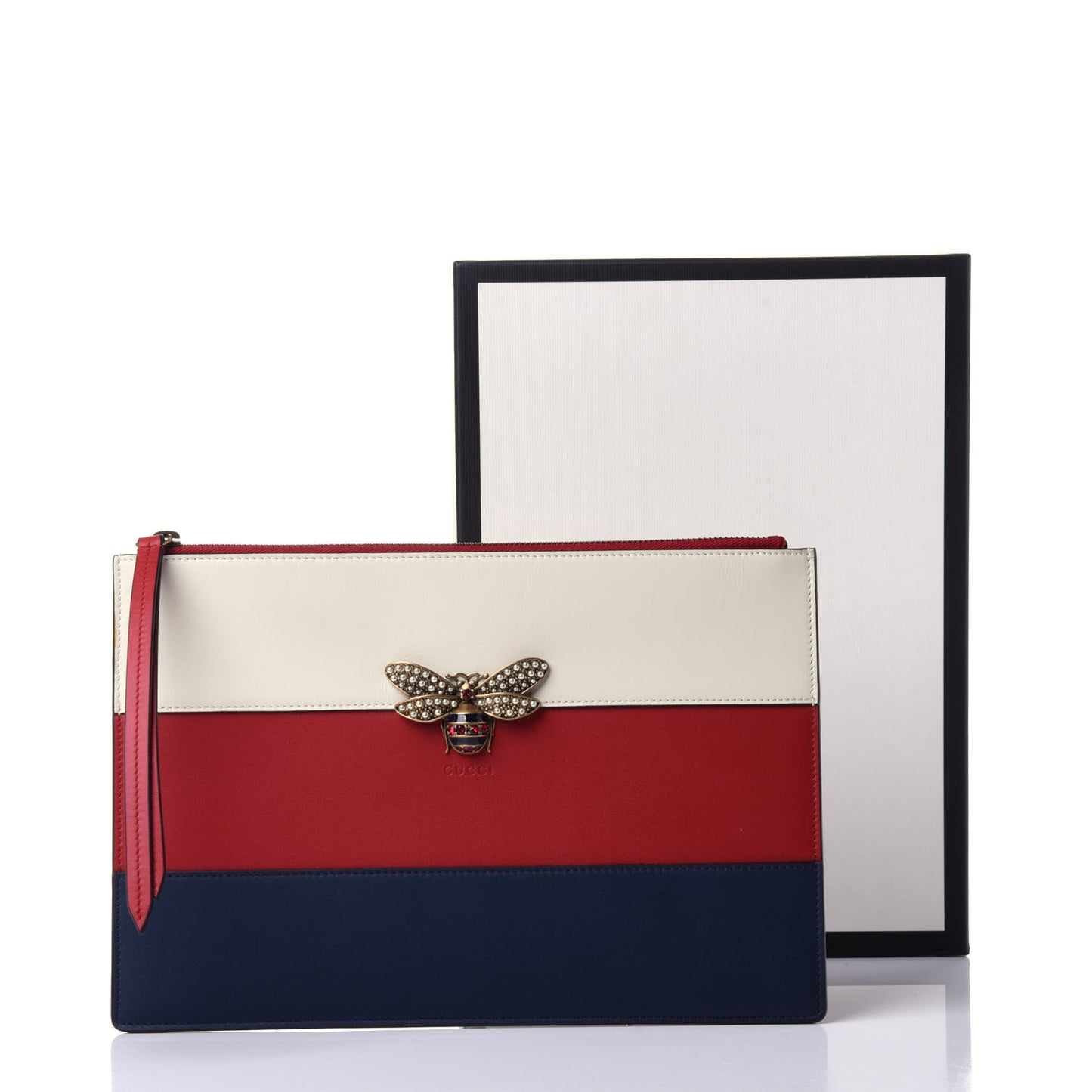 Calfskin Striped Oversized Bee Zip Pouch White Blue Hibiscus Red