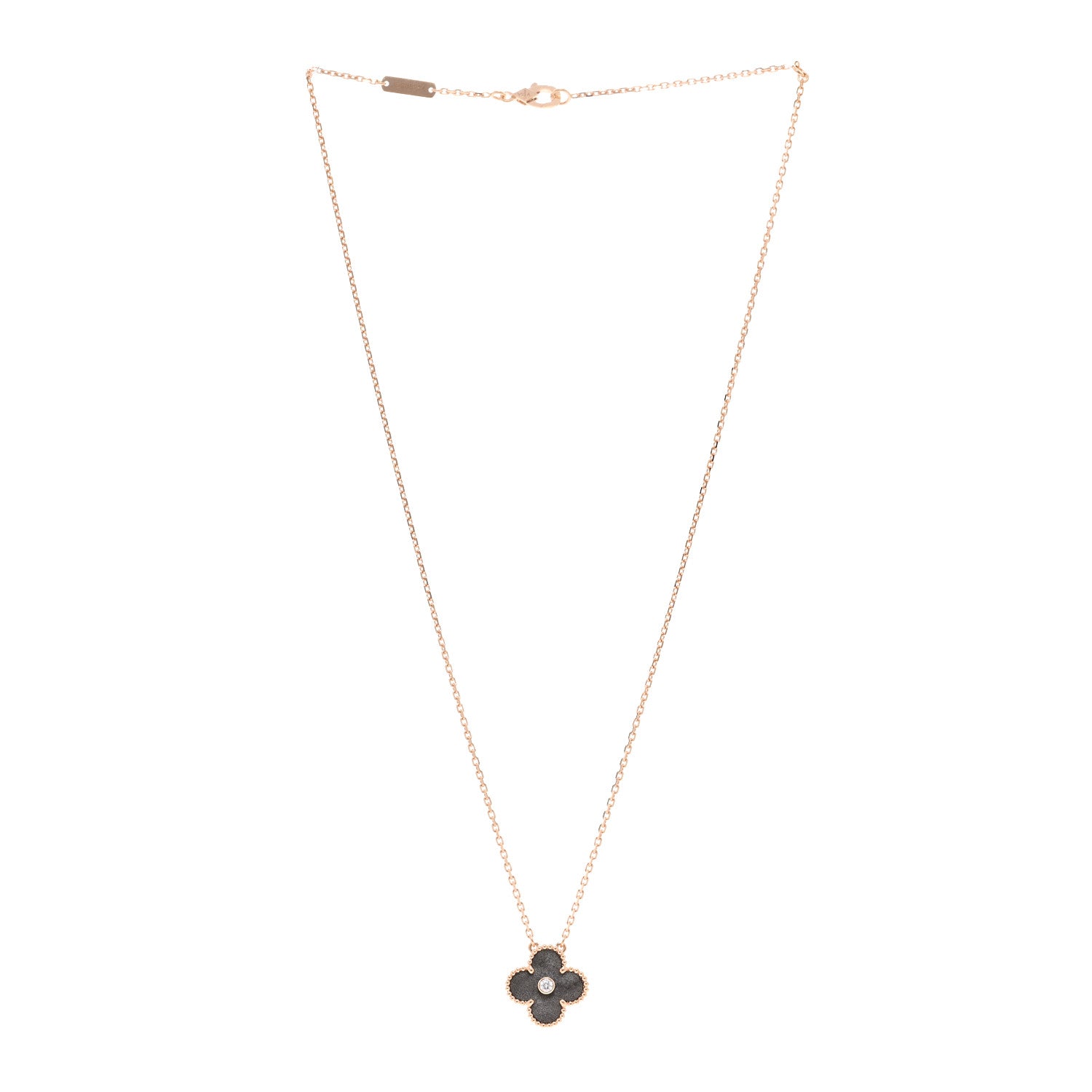 Van Cleef & Arpels 18K Rose Gold Diamond Silver Obsidian Vintage Alhambra Pendant Necklace 3 of 4