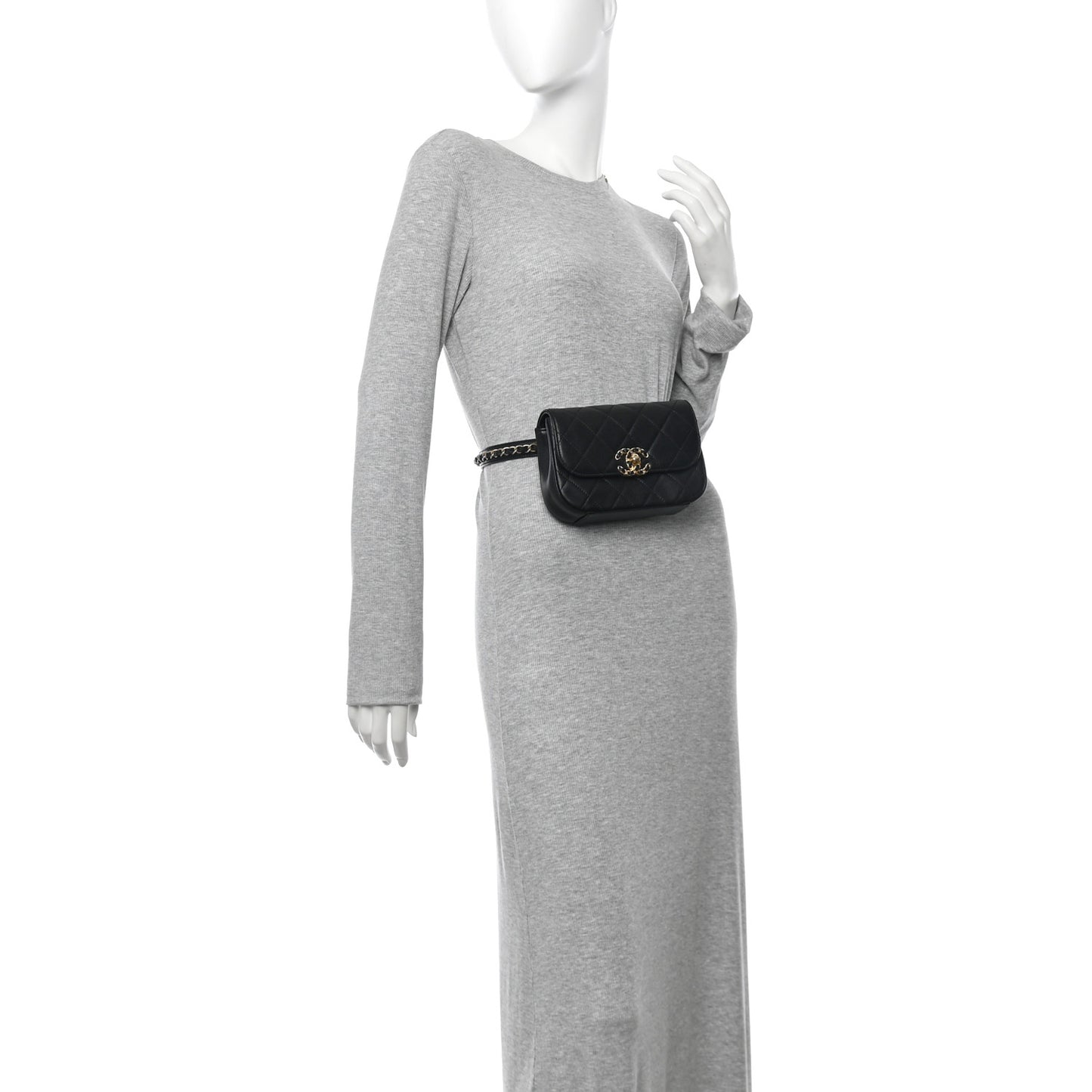 Lambskin Quilted Chain Infinity Waist Belt Bag Black