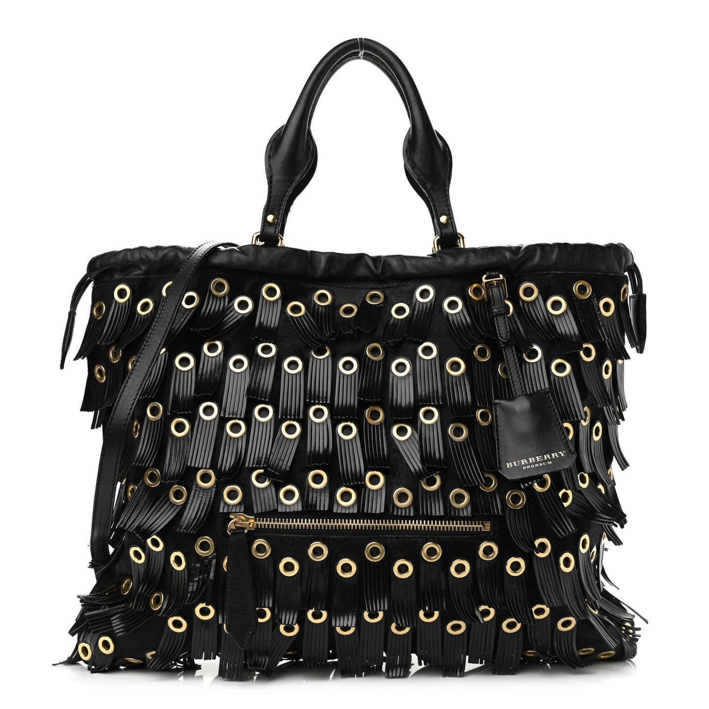 Calf Hair Patent Grommet Fringe Big Crush Tote Black