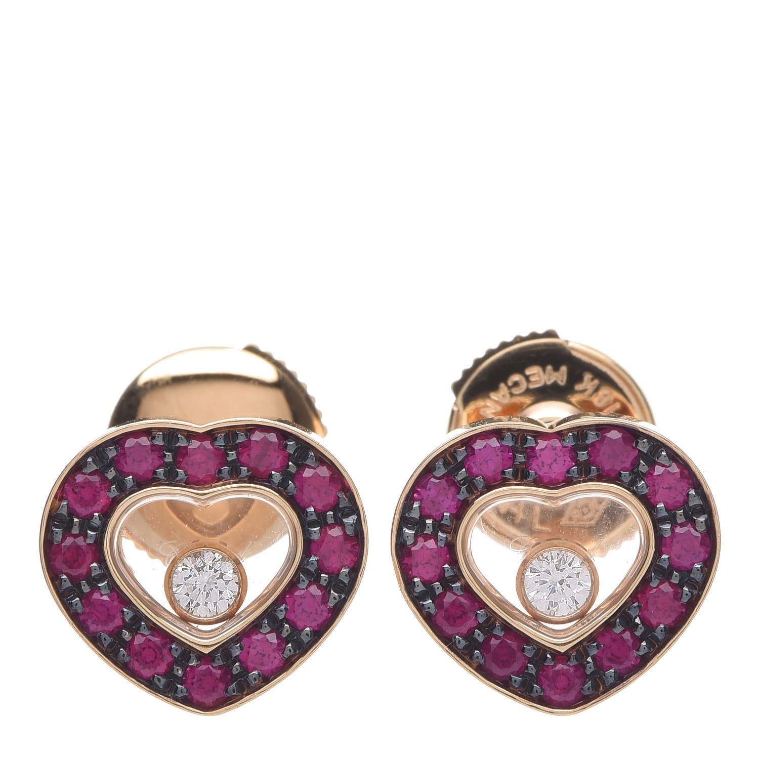 Chopard 18K Yellow Gold Diamond Ruby Happy Diamonds Heart Earrings 1 of 6