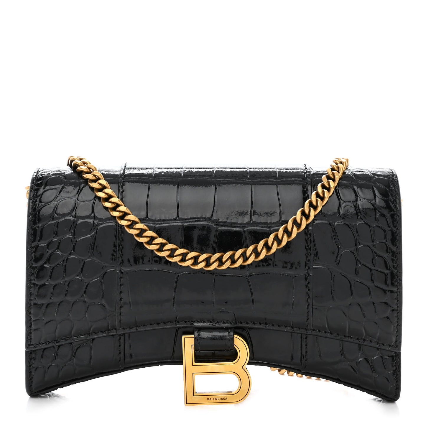 Shiny Calfskin Crocodile Embossed Hourglass Chain Bag Black