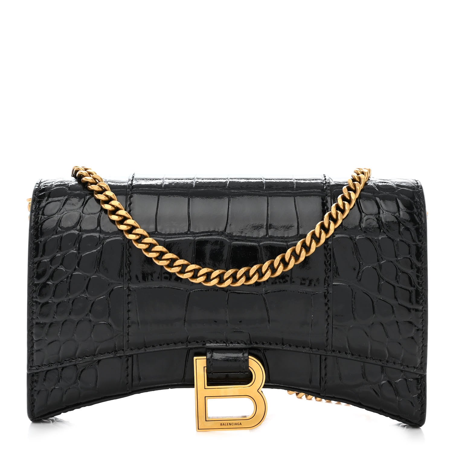 Balenciaga Shiny Calfskin Crocodile Embossed Hourglass Chain Bag Black 1 of 9
