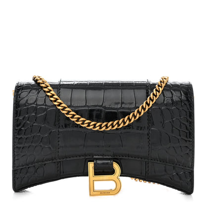 Balenciaga Shiny Calfskin Crocodile Embossed Hourglass Chain Bag Black 1 of 9