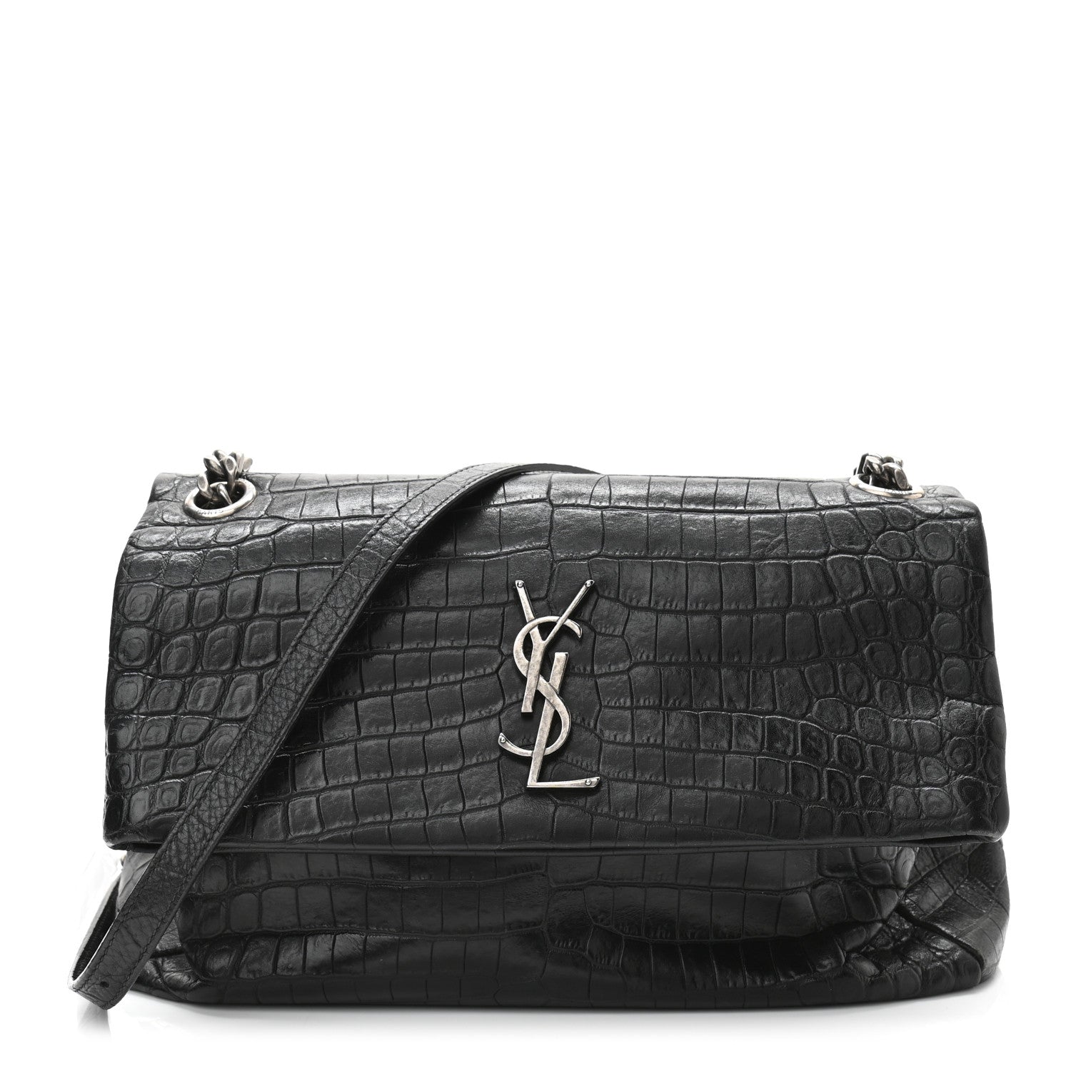 Saint Laurent Calfskin Crocodile Embossed West Hollywood Monogram Fold-Over Bag 1 of 9