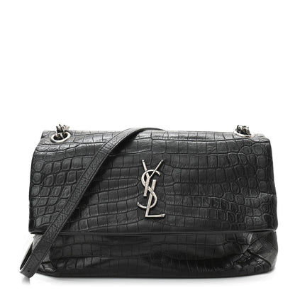 Saint Laurent Calfskin Crocodile Embossed West Hollywood Monogram Fold-Over Bag 1 of 9