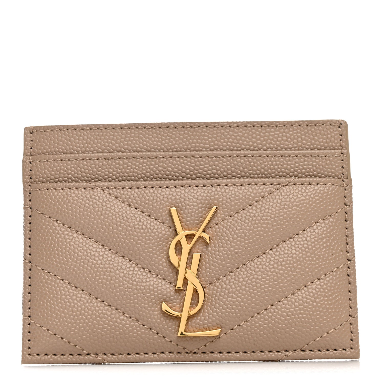 Saint Laurent Grain De Poudre Matelasse Chevron Monogram Credit Card Case Dark Beige 1 of 8