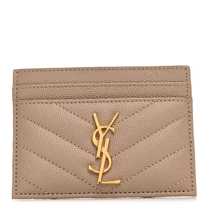 Saint Laurent Grain De Poudre Matelasse Chevron Monogram Credit Card Case Dark Beige 1 of 8