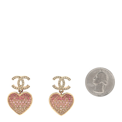Chanel Crystal CC Resin Heart Drop Earrings Pink Gold 2 of 5