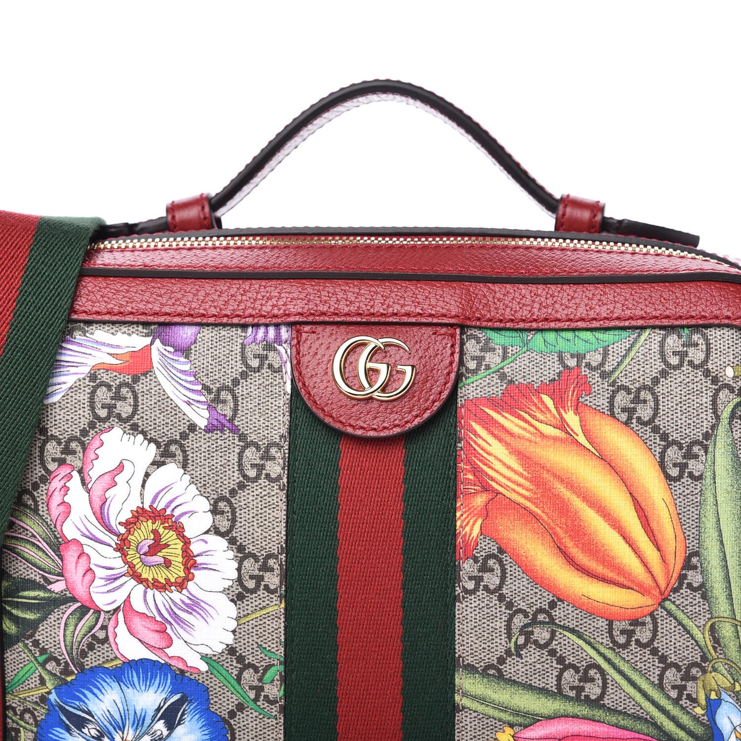 GG Supreme Monogram Flora Web Small Ophidia Top Handle Shoulder Bag Hibiscus Red