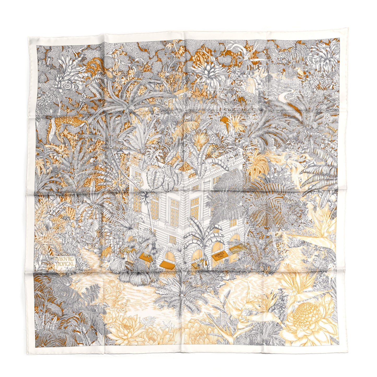 Silk Faubourg Tropical Scarf 90 Sepia White Caramel